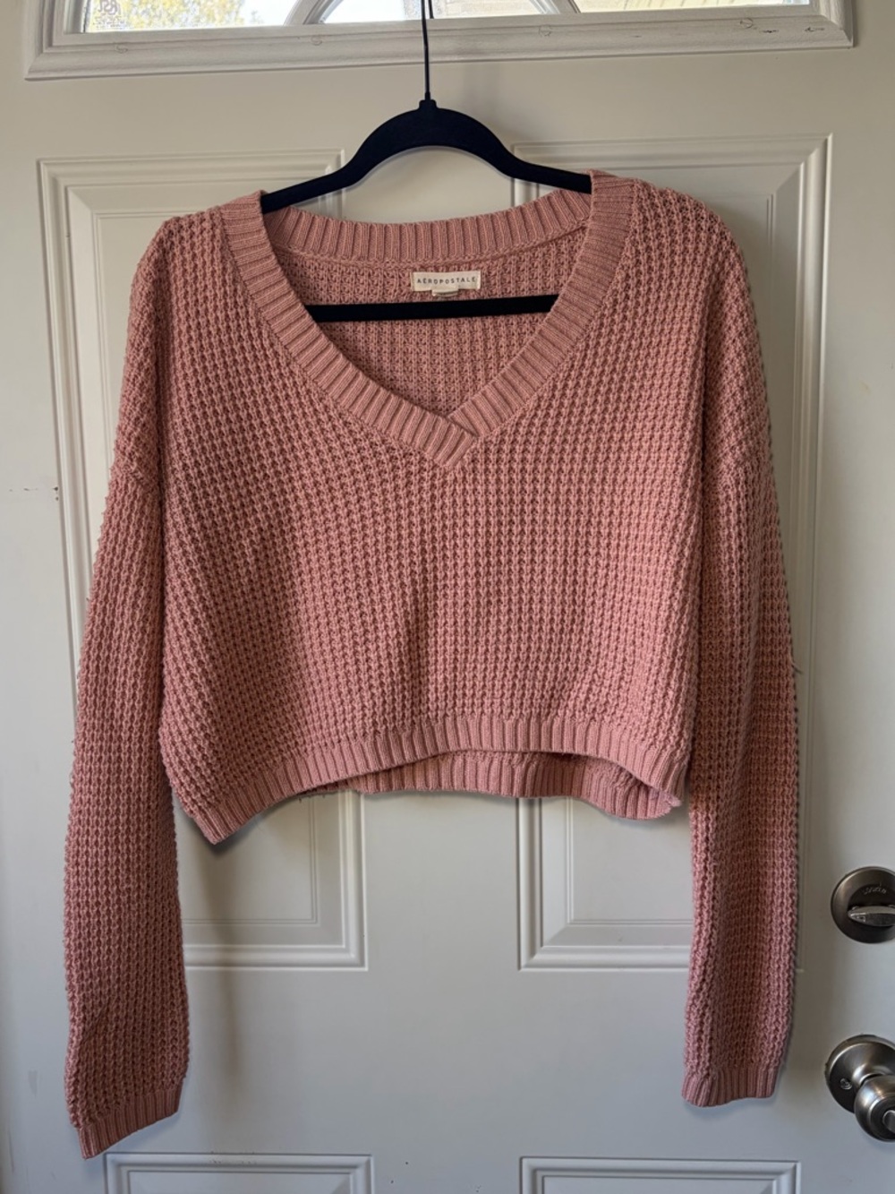 Aeropostale Waffle Knit V-Neck Cropped Sweater